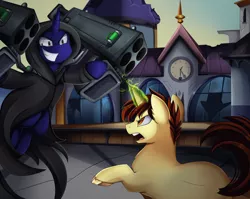Size: 2950x2350 | Tagged: safe, artist:pridark, derpibooru import, oc, oc:equinicus, oc:ethereal divide, unofficial characters only, pony, unicorn, canterlot, clock, clothes, cloven hooves, commission, gun, high res, magic, open mouth, rocket launcher, train station, weapon