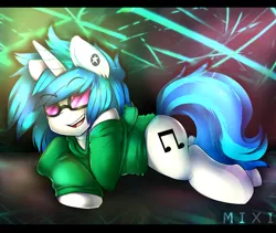 Size: 3560x3000 | Tagged: safe, artist:mixipony, derpibooru import, vinyl scratch, pony, unicorn, clothes, cutie mark, ear piercing, hoodie, lying down, open mouth, piercing, solo, sunglasses