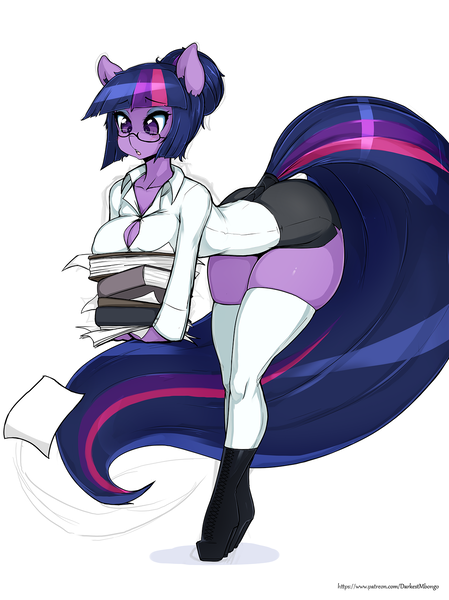 Size: 1196x1600 | Tagged: adorasexy, alternate hairstyle, anthro, artist:darkestmbongo, bent over, blushing, boob squish, boob window, book, boots, breasts, breast squish, busty twilight sparkle, butt, cleavage, clothes, collarbone, curvy, cute, derpibooru import, erect nipples, eyelashes, female, glasses, hair bun, high heel boots, high heels, lipstick, long tail, looking at something, looking down, miniskirt, nipple outline, open mouth, paper, sexy, shirt, shoes, simple background, skirt, socks, solo, solo female, stupid sexy twilight, suggestive, that pony sure does love books, thick, thigh highs, thighlight sparkle, thighs, thunder thighs, tight clothing, twibutt, twilight sparkle, white background, wide hips, zettai ryouiki