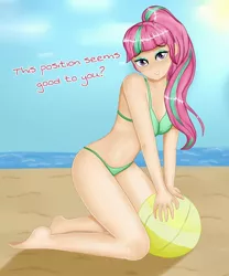 Size: 1280x1536 | Tagged: suggestive, alternate version, artist:focusb, derpibooru import, sour sweet, human, equestria girls, ball, barefoot, beach, beach ball, bedroom eyes, bikini, blushing, breasts, butt freckles, chest freckles, cleavage, clothes, eyeshadow, feet, female, freckles, grin, humanized, kneeling, looking at you, makeup, ocean, sand, sexy, shoulder freckles, smiling, solo, solo female, swimsuit, talking