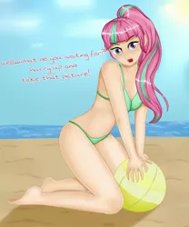 Size: 1280x1536 | Tagged: suggestive, alternate version, artist:focusb, derpibooru import, sour sweet, human, equestria girls, ball, barefoot, beach, beach ball, bedroom eyes, bikini, blushing, breasts, butt freckles, chest freckles, cleavage, clothes, eyeshadow, feet, female, freckles, grin, humanized, kneeling, looking at you, makeup, ocean, open mouth, sand, sexy, shoulder freckles, smiling, solo, solo female, swimsuit, talking