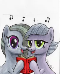 Size: 3199x3932 | Tagged: safe, artist:stewart501st, derpibooru import, limestone pie, marble pie, earth pony, pony, book, caroling, female, mare, music notes, siblings, singing, sisters, smiling, traditional art