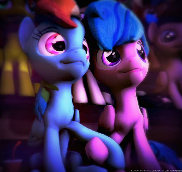 Size: 2276x2160 | Tagged: safe, artist:lux-the-pegasus, derpibooru import, firefly, rainbow dash, pony, comic:dash academy, 3d, dashfly, female, g1, g1 to g4, generation leap, holding hooves, lesbian, shipping
