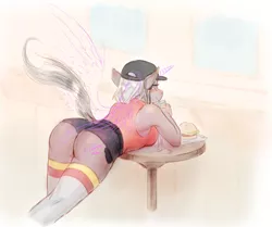 Size: 1694x1414 | Tagged: anthro, artist:elzafox, ass, breasts, burger, butt, cap, clothes, commission, derpibooru import, fast food, female, food, hat, mare, rear view, shorts, socks, solo, solo female, suggestive, tanktop, thigh highs, your character here