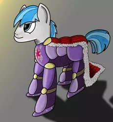 Size: 2882x3120 | Tagged: safe, artist:paracompact, derpibooru import, oc, oc:steel crescent, unofficial characters only, earth pony, pony, armor, cape, clothes, cutie mark, determined, implied twilight sparkle, simple background, solo