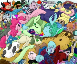 Size: 1800x1500 | Tagged: safe, artist:dudey64, derpibooru import, fluttershy, pinkie pie, shining armor, sonata dusk, trixie, twilight sparkle, oc, oc:fluffle puff, oc:mint chisel, oc:speculo, changedling, changeling, pony, cuddle puddle, cuddling, fluttercop, plushie, pony pile, scp-173