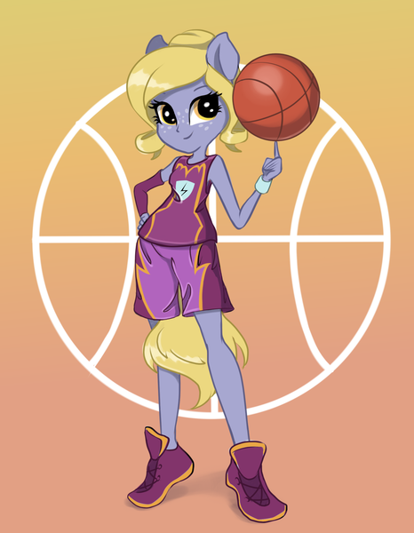 Size: 1665x2146 | Tagged: safe, artist:kittytitikitty, derpibooru import, oc, oc:chiyo, earth pony, kirin, equestria girls, basketball, clothes, crossover, darius, female, freckles, gradient background, image, league of legends, looking at you, png, ponied up, shorts, solo, sports