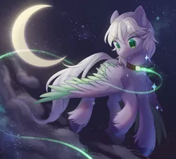 Size: 2100x1900 | Tagged: safe, artist:leafywind, derpibooru import, oc, unofficial characters only, pegasus, pony, cloud, collar, colored hooves, colored pupils, colored wings, colored wingtips, ear fluff, flying, male, moon, night, night sky, sky, solo, spread wings, stallion, starry eyes, starry night, unshorn fetlocks, wingding eyes, wings