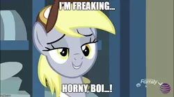 Size: 888x499 | Tagged: best gift ever, caption, derpibooru import, derpy hooves, edit, edited screencap, image macro, lidded eyes, meme, post office, screencap, solo, suggestive, text, vulgar