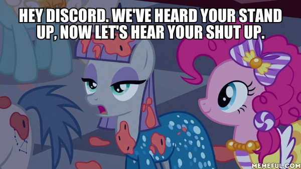 Size: 600x337 | Tagged: safe, derpibooru import, edit, edited screencap, screencap, maud pie, pinkie pie, earth pony, pony, make new friends but keep discord, caption, female, image macro, joke, mare, maud burns, maud the comedian, moe syzlak, stand-up comedy, text, the simpsons