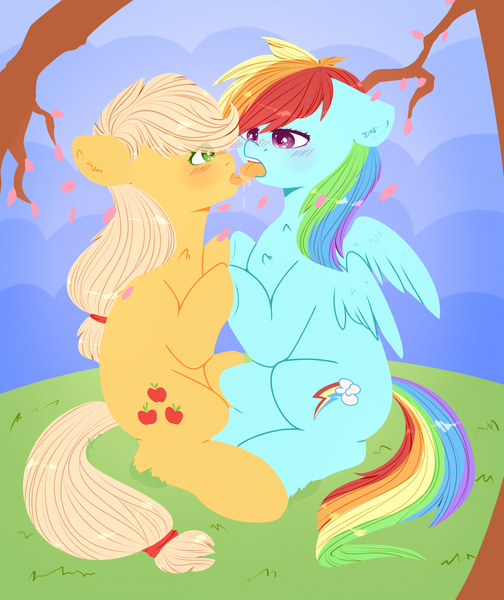 Size: 2100x2500 | Tagged: suggestive, artist:etoz, derpibooru import, applejack, rainbow dash, pony, applebetes, appledash, blushing, cloud, cute, dashabetes, drool, female, females only, french kiss, jackabetes, kissing, lesbian, mare, shipping, sweet dreams fuel, tongue out, tongue play, tree