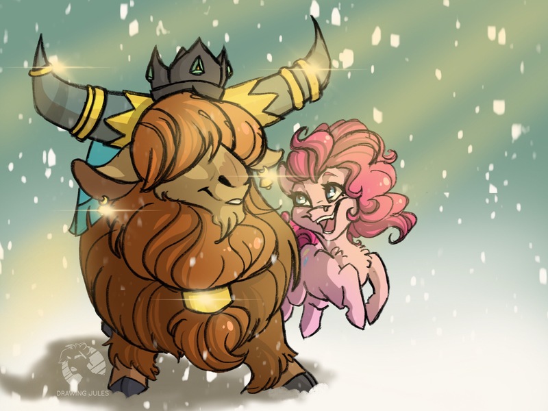 Size: 2224x1668 | Tagged: safe, artist:drawingjules, derpibooru import, pinkie pie, prince rutherford, earth pony, pony, yak, cute, female, interspecies, male, mare, pinkieford, shipping, snow, straight, winter