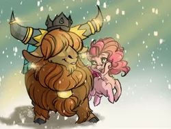 Size: 2224x1668 | Tagged: safe, artist:drawingjules, derpibooru import, pinkie pie, prince rutherford, earth pony, pony, yak, cute, female, interspecies, male, mare, pinkieford, shipping, snow, straight, winter
