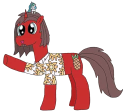 Size: 1668x1496 | Tagged: safe, artist:supahdonarudo, derpibooru import, princess celestia, oc, oc:ironyoshi, pony, unicorn, 2019 community collab, derpibooru community collaboration, clothes, facial hair, goatee, plushie, raised hoof, shirt, simple background, solo, transparent background