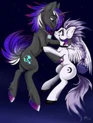 Size: 3000x4000 | Tagged: safe, artist:athenawhite, derpibooru import, oc, oc:moonlit mourning, oc:nexus, unofficial characters only, pegasus, pony, unicorn, commission, evening, female, flying, high res, leg fluff, looking at each other, male, mare, shipping, signature, spread wings, stallion, straight, wings, ych result