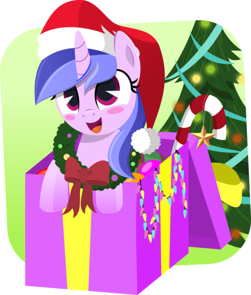 Size: 5542x6508 | Tagged: safe, artist:jhayarr23, derpibooru import, sea swirl, seafoam, pony, unicorn, absurd resolution, background pony, blushing, box, candy, candy cane, christmas, christmas lights, christmas tree, christmas wreath, commission, cute, female, food, happy, hat, holiday, mare, pony in a box, present, santa hat, seadorable, smiling, solo, tree, wreath, ych result