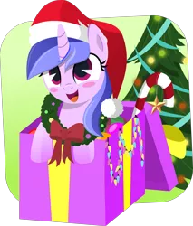Size: 5542x6508 | Tagged: safe, artist:jhayarr23, derpibooru import, sea swirl, seafoam, pony, unicorn, absurd resolution, background pony, blushing, box, candy, candy cane, christmas, christmas lights, christmas tree, christmas wreath, commission, cute, female, food, happy, hat, holiday, mare, pony in a box, present, santa hat, seadorable, smiling, solo, tree, wreath, ych result