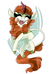 Size: 2400x3400 | Tagged: safe, artist:nekosnicker, derpibooru import, autumn blaze, kirin, sounds of silence, spoiler:s08, awwtumn blaze, cute, cute little fangs, eyes closed, fangs, female, happy, high res, image, open mouth, png, simple background, solo, transparent background