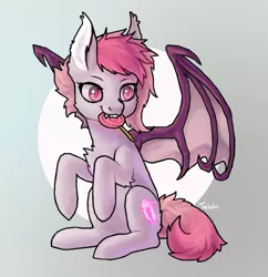 Size: 1041x1077 | Tagged: safe, artist:teichi, derpibooru import, oc, oc:candy quartz, unofficial characters only, bat pony, pony, bat pony oc, bat wings, candy, commission, cute, digital art, fangs, female, fluffy, food, lollipop, mare, piercing, shaved mane, signature, simple background, sitting, solo, two toned mane, two toned wings, wing piercing, wings, ych result