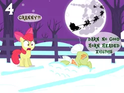 Size: 1024x768 | Tagged: safe, artist:bronybyexception, derpibooru import, apple bloom, granny smith, deer, earth pony, pony, reindeer, advent calendar, bare tree, bow, censored vulgarity, elmo & patsy, exclamation point, female, fence, filly, foal, full moon, grandma got run over by a reindeer, grandmother and grandchild, grandmother and granddaughter, grawlixes, hair bow, interrobang, mare, mare in the moon, moon, out of character, question mark, racism, run over by a reindeer, santa claus, sleigh, snow, song reference, swearing, sweet apple acres, tree, vulgar, winter