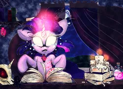 Size: 1146x829 | Tagged: safe, artist:ponycide, derpibooru import, twilight sparkle, pony, book, candle, female, glowing eyes, glowing horn, horn, magic, mare, skull, solo