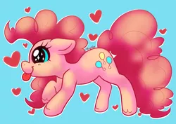 Size: 1280x907 | Tagged: safe, artist:ponycide, derpibooru import, pinkie pie, earth pony, pony, :p, blue background, female, heart, mare, mlem, ponk, silly, simple background, solo, tongue out