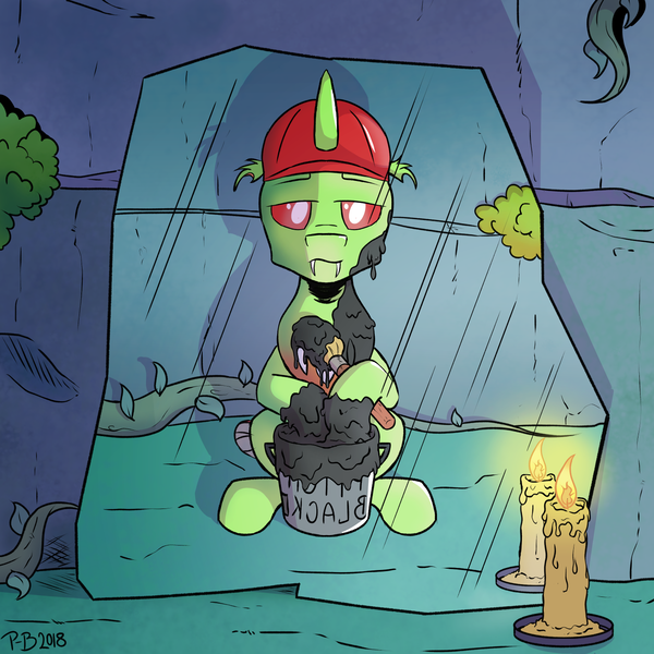 Size: 1447x1447 | Tagged: 2018, artist:pony-berserker, black, black paint, body painting, brush, bucket, candle, changedling, changeling, depressed, derpibooru import, english, fangs, fire, glass, glass shard, hard hat, hat, helmet, longing, male, mirror, missing, oc, oc:berzie, paint, plant, sad, safe, solo, unofficial characters only, vine