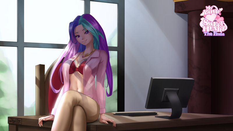 Size: 1333x750 | Tagged: suggestive, artist:jay156, derpibooru import, princess celestia, human, art pack:my little sweetheart, art pack:my little sweetheart: the finale, equestria girls, alternate hairstyle, belly, belly button, bra, breasts, busty princess celestia, chair, clothes, computer, day, desk, eyelashes, female, frilly underwear, hair, humanized, jewelry, keyboard, looking at you, multicolored hair, my little sweetheart, open clothes, pants, praise the sun, principal celestia, purple eyes, red underwear, sexy, sitting, smiling, solo, solo female, stupid sexy celestia, underwear, window
