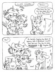 Size: 849x1100 | Tagged: alicorn, anthro, artist:circe, black and white, blushing, collar, comic:soreloser, derpibooru import, fishnets, grayscale, map, monochrome, oc, oc:eaststern, oc:gothy moon, safe, spread wings, traditional art, twilight sparkle, twilight sparkle (alicorn), unguligrade anthro, wingboner, wings