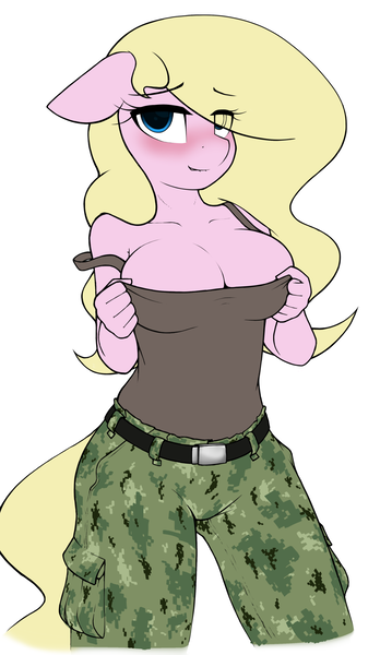 Size: 1148x1920 | Tagged: anthro, artist:anearbyanimal, blushing, breasts, clothes, colored, derpibooru import, flat colors, military uniform, navy, nwu, oc, oc:nurse bonesaw, soft color, suggestive, uniform