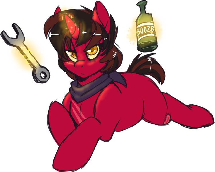 Size: 1279x1026 | Tagged: safe, artist:locosaltinc, derpibooru import, oc, oc:grease lightning, unofficial characters only, pony, alcohol, bottle, explicit source, magic, neckerchief, prone, telekinesis, wrench