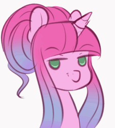 Size: 505x560 | Tagged: safe, artist:fluffymaiden, derpibooru import, oc, oc:sugar lace, unofficial characters only, pony, unicorn, animated, eyebrow wiggle, female, gif, looking at you, mare, smiling, solo