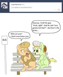 Size: 651x793 | Tagged: safe, artist:askdonutstoles, derpibooru import, oc, oc:bread pony, oc:donut stoles, unofficial characters only, bread pony, earth pony, food pony, pony, tumblr:ask donut stoles, ask, bench, bread, bus stop, confused, dialogue, female, looking at each other, mare, open mouth, sign, simple background, sitting, smiling, tumblr, white background