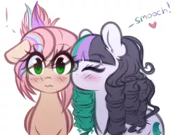 Size: 1280x995 | Tagged: safe, artist:fluffymaiden, derpibooru import, oc, oc:seafoam, oc:sweet skies, unofficial characters only, earth pony, pegasus, pony, blushing, female, kiss on the cheek, kissing, lesbian, mare, oc x oc, shipping