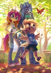 Size: 2894x4093 | Tagged: anthro, anthro oc, artist:holivi, belt, butterfly, clothes, commission, converse, derpibooru import, family, goggles, hand on hip, mobile phone, oc, oc:ketika, oc:munkari, open mouth, pants, pegasus, phone, safe, shirt, shoes, shorts, sneakers, tree, unofficial characters only
