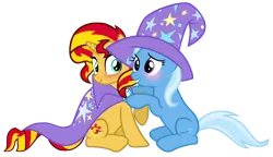 Size: 6251x3600 | Tagged: safe, artist:cultleaderfluttershy, derpibooru import, sunset shimmer, trixie, pony, unicorn, absurd resolution, blushing, cape, clothes, cute, cutie mark, diatrixes, female, hat, lesbian, looking at you, shimmerbetes, shipping, simple background, smiling, suntrix, transparent background, trixie's cape, trixie's hat, vector