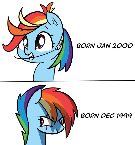 Size: 1768x1895 | Tagged: safe, artist:artiks, derpibooru import, rainbow dash, pegasus, pony, 1999, 2000s, alternate hairstyle, angry, braces, bust, comparison, ear fluff, edgy, eye scar, female, frown, glare, grin, looking up, mare, meme, messy mane, scar, simple background, smiling, solo, squee, text, white background, y2k