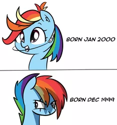 Size: 1768x1895 | Tagged: safe, artist:artiks, derpibooru import, rainbow dash, pegasus, pony, 1999, 2000s, alternate hairstyle, angry, braces, bust, comparison, ear fluff, edgy, eye scar, female, frown, glare, grin, looking up, mare, meme, messy mane, scar, simple background, smiling, solo, squee, text, white background, y2k