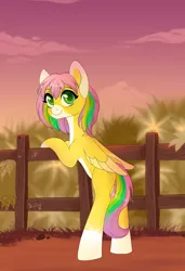 Size: 3424x5000 | Tagged: safe, artist:bestiary, derpibooru import, oc, unofficial characters only, pegasus, pony, absurd resolution, blurred background, commission, digital art, female, fence, folded wings, looking at you, looking back, looking back at you, mare, multicolored hair, multicolored mane, multicolored tail, signature, smiling, solo, wings, ych result