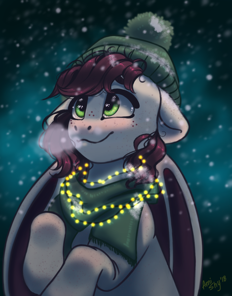 Size: 1958x2500 | Tagged: safe, artist:amishy, derpibooru import, oc, oc:slumber tea, unofficial characters only, bat pony, pony, beanie, blushing, clothes, commission, digital art, female, floppy ears, freckles, hat, high res, lights, looking up, mare, red hair, red mane, red tail, scarf, signature, smiling, snow, solo, winter, ych result