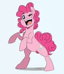 Size: 2100x2408 | Tagged: safe, artist:nolycs, derpibooru import, pinkie pie, pony, bipedal, blue background, female, looking at you, mare, one eye closed, open mouth, signature, simple background, solo, wink