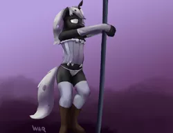 Size: 1280x989 | Tagged: anthro, anthro oc, artist:warskunk, boots, changeling, changeling oc, clothes, derpibooru import, female, lingerie, oc, oc:silver lies, panties, pole dancing, shoes, socks, solo, solo female, stockings, stripper pole, suggestive, thigh highs, thong, underwear, unofficial characters only, white changeling, white underwear