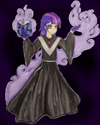 Size: 502x626 | Tagged: artist:metalamethyst, aura, book, clothes, colored background, dark magic, derpibooru import, eyeshadow, g5, headcanon, human, humanized, jewelry, magic, makeup, necklace, robe, safe, solo, sorceress, traditional art, twilight sparkle, twilight sparkle (g5)