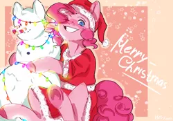 Size: 7854x5511 | Tagged: safe, artist:keursh29, derpibooru import, pinkie pie, absurd resolution, candy, candy cane, christmas, christmas lights, colored hooves, food, hat, holiday, one eye closed, santa hat, smiling, snowpony, solo, wink