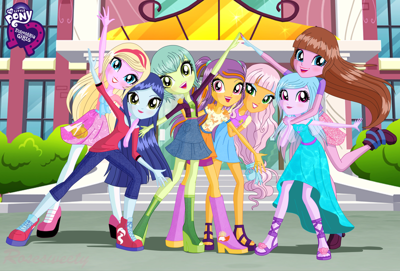 Size: 6000x4068 | Tagged: safe, artist:rosesweety, derpibooru import, equestria girls, absurd resolution, astoria rapunzel, blossom hart, canterlot high, equestria girls logo, equestria girls-ified, joy lefrog, lily mermaid, lingling ironfan, lori robin hood, regal academy, rose cinderella