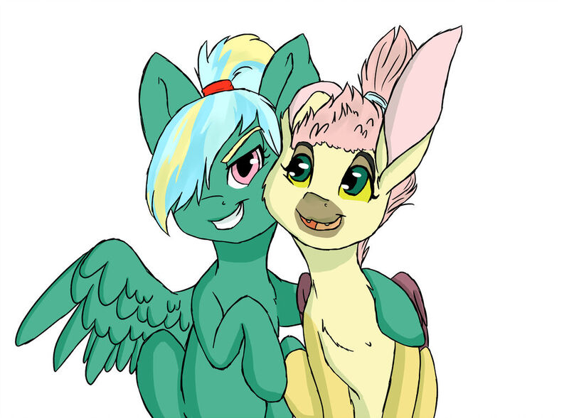 Size: 1024x754 | Tagged: artist:loladotz, derpibooru import, duo, fanfic in the description, hybrid, interspecies offspring, oc, oc:windsong, oc:wisteria, offspring, open mouth, parent:discord, parent:fluttershy, parent:rainbow dash, parents:discoshy, parents:zephdash, parent:zephyr breeze, ponytail, safe, simple background, smiling, white background