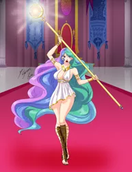 Size: 2153x2786 | Tagged: alternate version, armpits, artist:shinta-girl, breasts, cleavage, clothes, derpibooru import, dress, feet, female, human, humanized, magic, princess celestia, safe, sandals, scepter, solo