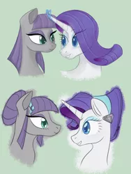 Size: 540x720 | Tagged: safe, artist:puddingskinmcgee, derpibooru import, maud pie, rarity, earth pony, pony, unicorn, alternate hairstyle, duo, female, lesbian, rarimaud, shipping, simple background, smiling, wingding eyes