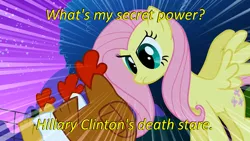 Size: 640x360 | Tagged: animal, bird, caption, cards against humanity, chicken, derpibooru import, edit, edited screencap, fluttershy, hillary clinton, image macro, meme, politics, safe, screencap, shitposting, spread wings, stare, stare master, text, the stare, wings