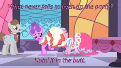Size: 640x360 | Tagged: suggestive, derpibooru import, edit, edited screencap, screencap, north star, pinkie pie, star gazer, earth pony, pony, unicorn, the best night ever, caption, cards against humanity, female, grand galloping gala, image macro, implied anal, implied sex, male, mare, non-consensual nuzzling, personal space invasion, stallion, text